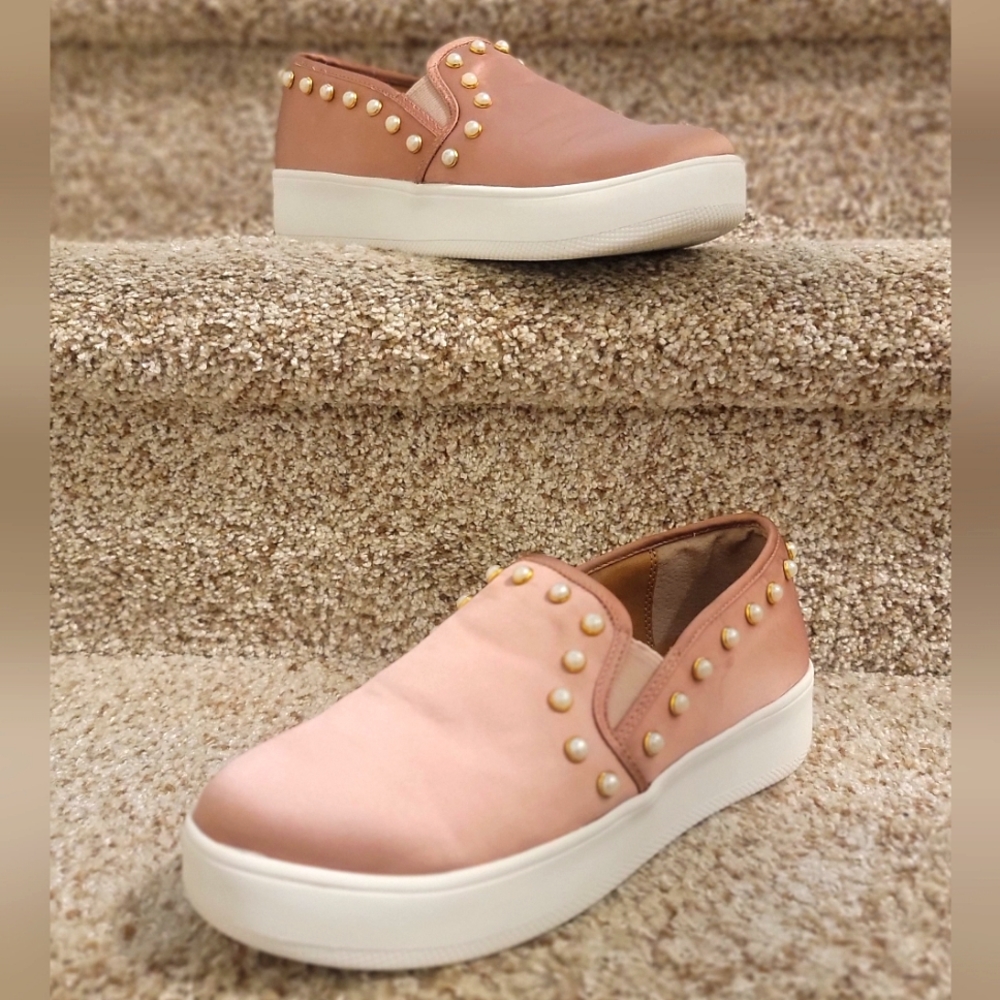 Size 6.5 Steve Madden Genette Pink Satin Slip on Platform Sneakers with Pearls